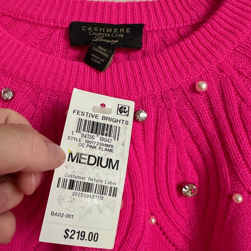 Charter Club Cashmere Sweater Womens Medium Hot‎ Pink Pearl Embellished NWT - Picture 4 of 11